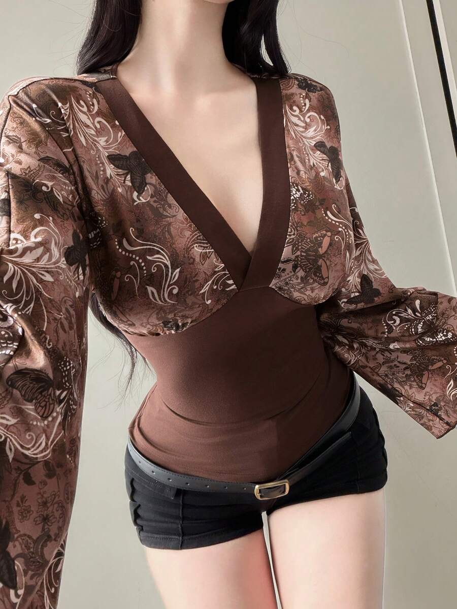 DAZY 女士V领撞色腰身复古花卉图腾印花蝙蝠袖优雅衬衫 Y2k - 棕色 - 查看 1