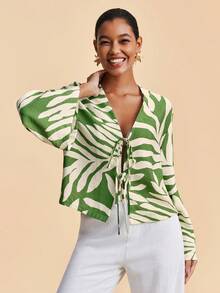 Travachic Cămașă pentru femei cu imprimeu floral țesut, cu mâneci evazate și nod în față, stil Vacation