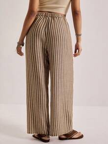 SHEIN VCAY Plus Size Casual Striped Loose Pants - Coffee Brown - View 4