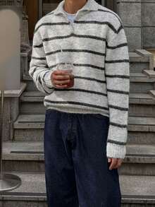 DAZY Grey Base Black Striped Half-Zip Men Sweater, Autumn/Winter - Multicolor - View 7