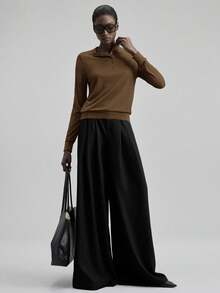 Ontre 2026 Spring/Summer New Commuter Coffee Brown Straight Collar Half-Placket Shell Button Decor Knit Rib Splice T-Shirt - Brown - View 3