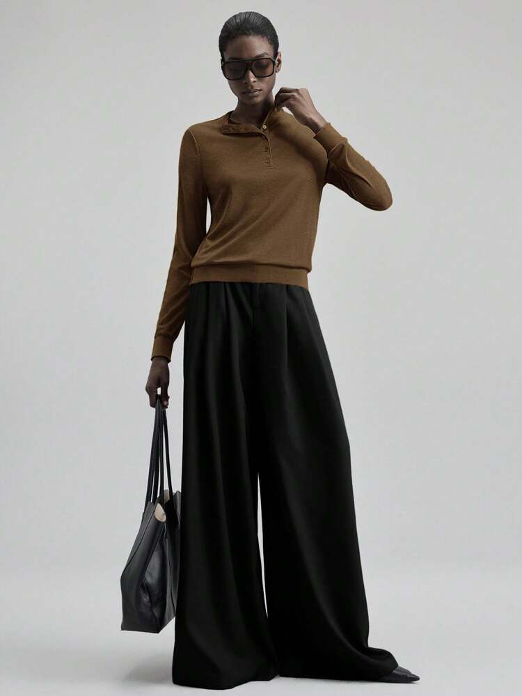 2026 Spring/Summer New Commuter Coffee Brown Straight Collar Half-Placket Shell Button Decor Knit Rib Splice T-Shirt