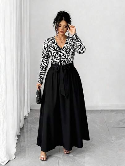 Elenzga Vestido largo de manga larga con cintura anudada, estampado de jacquard de malla con efecto tie-dye, estilo vintage francés elegante, talla grande, adecuado para otoño/invierno, vuelta al colegio, graduación, vacaciones, San Valentín, Navidad, festivales de música, Día de la Madre, Halloween, Acción de Gracias, Pascua, Día Nacional, galas, citas, fiestas, bodas, actividades al aire libre