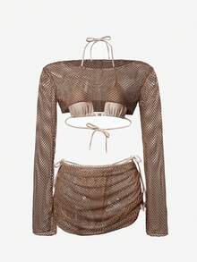 Swim SXY 4件套女士性感比基尼套装，红色网纱面料搭配酒红色纯色设计，沙滩泳装 - 棕色 - 查看 4