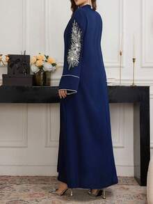 SHEIN Najma Elegant Party Sequin & Beaded Decor Notched Neck Dress - Blue - View 2