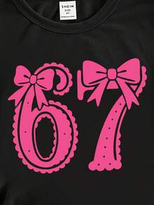 SHEIN Young Girl Pink Summer First Birthday Numeric 67 Ruffle Bow Graphic Print T-Shirt,Cute Chic Casual Letter Slogan Short Sleeve Tee For Daily Wear - Black - View 3