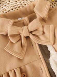 SHEIN Baby Girls' Double-Breasted Collar Bow Decor Long Sleeve Dress, Elegant Fashion Pockets Design Autumn/Winter - Brown - View 4
