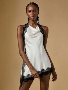 Briarwyn White Elegant Satin Lace Trim Backless Mini Dress For Women, Halter Neck Party Evening Dress - White - View 4