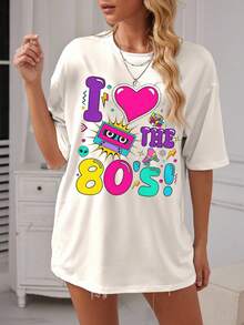 80 年代生日复古派对图案运动衫 - 霓虹心、旱冰鞋、磁带印花圆领宽松短袖 T 恤女士 - 杏色 - 查看 1