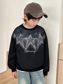 SHEIN Little Byeori Tween Boy 休闲宽松扎染星星图案圆领运动衫，适合通勤、上学、日常休闲装、运动装、秋冬