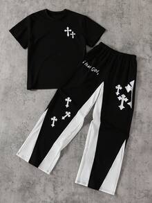 Coolqubz Teenager Boys' Casual Minimalist Cross Print Round Neck Short Sleeve T-Shirt And Colorblock Straight Leg Pants Set, Suitable For Spring/Summer, Outdoor, Party 14 Years Boy 2 Piece Set Boys Athletic Set Gamer Boys Jogger Sets 2 Piece Pants Set Teen - Multicolor - View 7