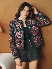 Anewsta Elegant Romantic Open Front Jacket, Woolen Fabric With Floral Embroidery, Faux Pearl & Cable Knit Trim Design, Long Sleeve, Suitable For Autumn/Winter - Black - View 7