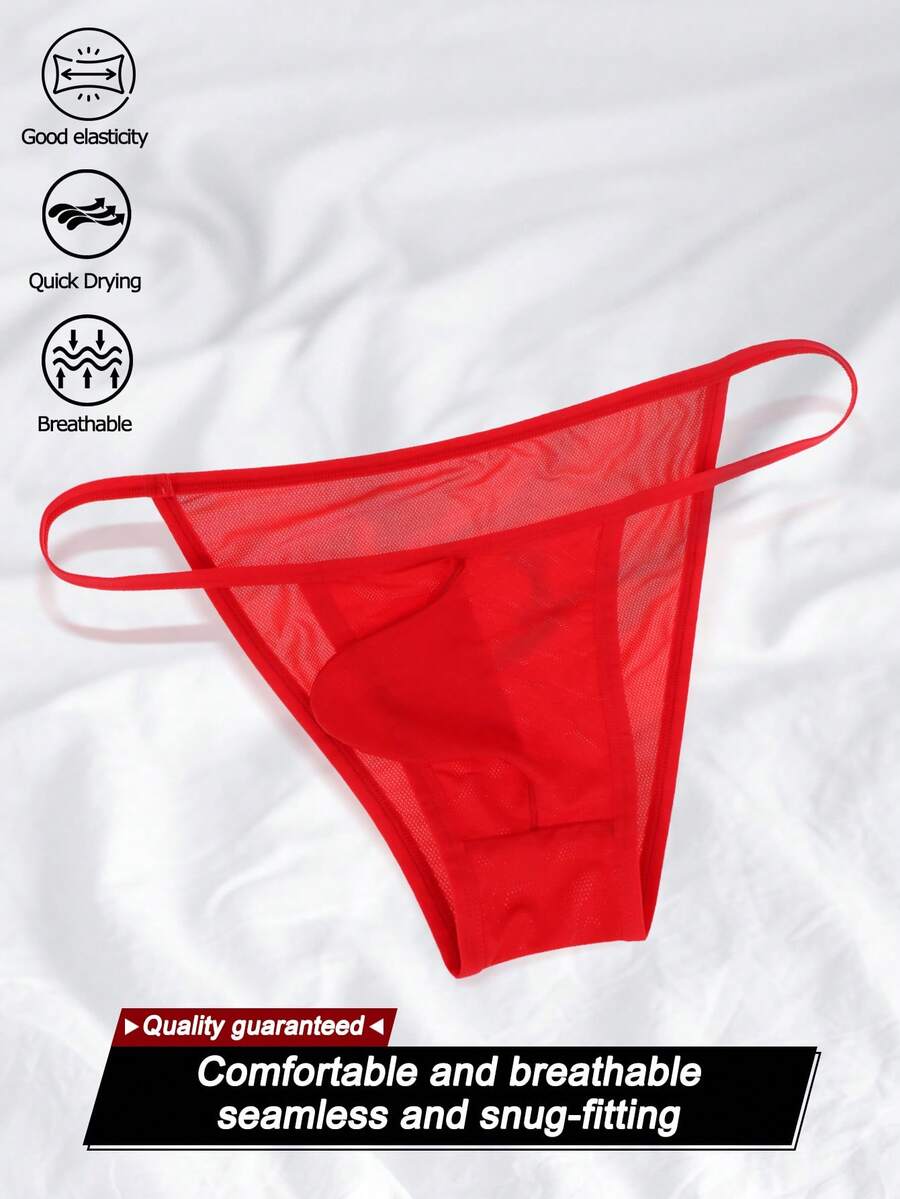 1pc Men's Sexy Mesh Breathable Briefs, Fashionable Mid-Waist Underwear - Red - View 1
