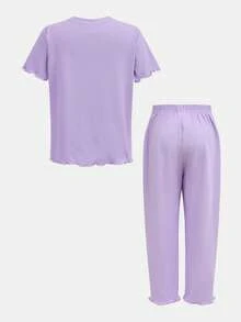 Conjunto de pijama de verão para menina, casual, de cor sólida, com blusa de manga curta e calça.