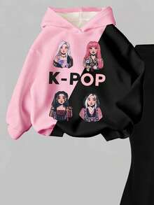 两件套少女休闲韩流卡通图案长袖连帽卫衣搭配修身喇叭裤，保暖舒适，适合秋冬季日常穿着、运动、街头风、校园风等场合。