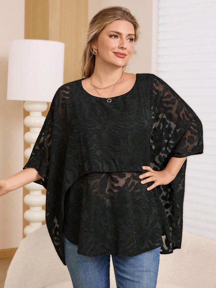 Plus Size Women Summer Vacation Sheer Jacquard Mesh Batwing Sleeve Loose Blouse Valentine's Day Plus Size Black Tops,Flower/Spring