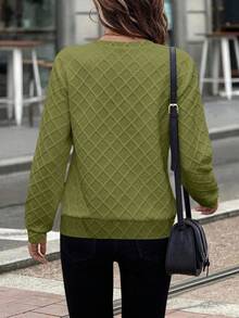 EMERY ROSE 女式针织纹理前拉链圆领运动衫，白色，秋冬女装 - 綠色 - 查看 2