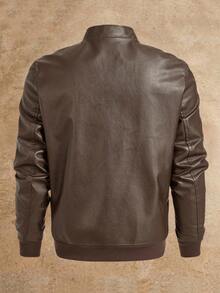 Manfinity BRENVOR 男士长袖复古休闲PU皮夹克，适合秋季和秋冬季穿着 - 棕色 - 查看 2