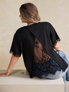 Elegantrix Plus Size Women's A-Line Contrast Lace Casual T-Shirt, Spring/Summer - Black - View 5