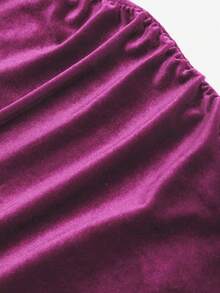 Sweetra 1pc Solid Color Velvet Off-Shoulder Ruched Bodycon Slit Dress For New Year Holiday Party Clothes Burgundy Maxi Women Outfit - Hot Pink - View 3