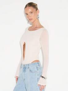 KIZN Women's Long Sleeve Cutout Bodysuit With Oval Chest Opening Crew Neck Fitted Silhouette Top - Apricot - View 6