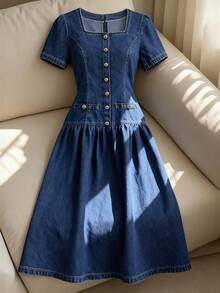 GlowEve 女士休闲通勤短袖牛仔连衣裙 - 藍色 - 查看 1