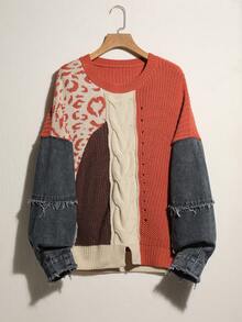 Easelle 复古拼接宽松圆领女式毛衣 - 彩色 - 查看 1