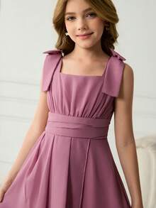 少女无袖可拆卸蝴蝶结腰带多层荷叶边下摆派对连衣裙，优雅大方，适合圣诞节、聚会等场合。 - 粉色 - 查看 8