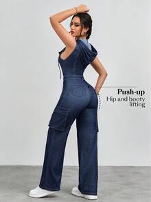 Flexra 女士时尚通勤无袖连帽牛仔连体裤 - 卡其色 - 查看 2