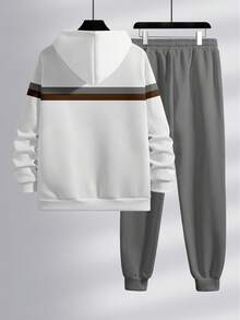 Manfinity Homme Conjunto de Moletom com Capuz de Manga Longa e Calça de Moletom com Bolso em Cores Contrastantes para Homens - Multicolorido - Visão 2