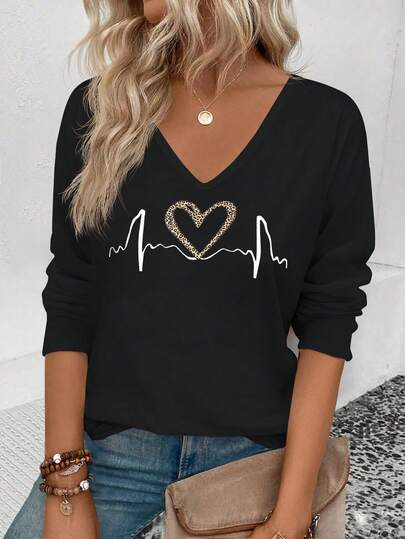 EMERY ROSE New Fashionable Casual Basic Heart Print V-Neck Long Sleeve T-Shirt For Women, Black