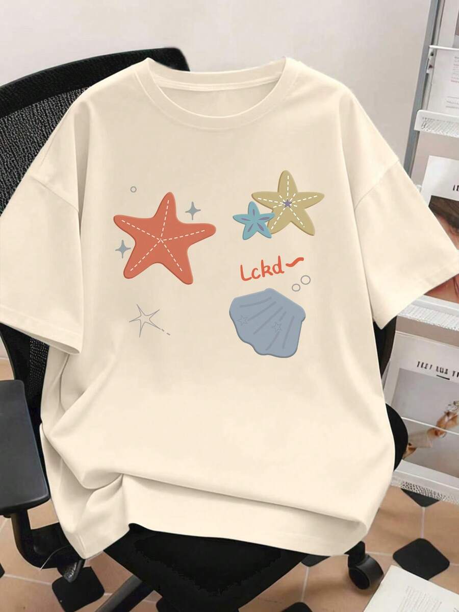 INAWLY 大码夏季休闲海星印花圆领短袖T恤 - 杏色 - 查看 1