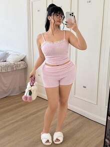 SHEIN EZwear 大码女式撞色蕾丝荷叶边吊带背心和短裤两件套 - 淺粉色 - 查看 10