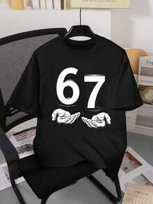 Teen Boy Casual Minimalist "67" Digit Hand Print Short Sleeve Round Neck T-Shirt, Street Style With Digit 67 Print, Comfortable Casual For Outdoor And Sports - Black - View 3
