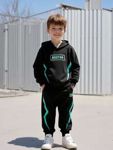 Vacaura 2pcs Young BoyBlack Sweatshirt And Sweatpants Set With Lightning Print, Suitable For Outdoor Activities In Spring And Autumn - Black - View 6