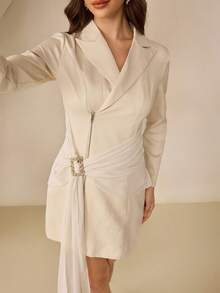 Modelyn Apricot Color Patchwork Chiffon Women's Lapel Collar Short Dress, Autumn - Apricot - View 4