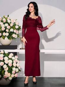 Modelyn Women's Lace Patchwork Asymmetrical Sleeve Long Dress - Red - View 3