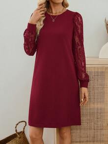 EMERY ROSE 女士纯色蕾丝拼接圆领休闲长袖短裙 - 酒紅色 - 查看 7