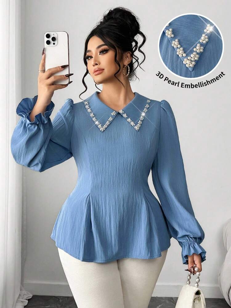 SHEIN Elenzya بلوزة نسائية ذات ياقة لؤلؤية أنيقة للسفر والتنقل للمقاسات الكبيرة - الأزرق - مشاهدة 1
