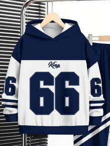 两件套青少年男童休闲时尚经典棒球运动风撞色拼接长袖连帽衫和运动裤套装，印有66号和“King”字样图案，适合秋冬季、返校季、Y2K风格、街头服饰。 - 彩色 - 查看 4