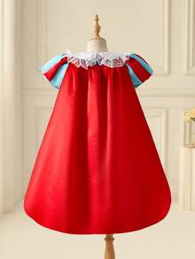 SHEIN Glamorique Kids Vestito da principessa per ragazze, vestito da principessa giallo, maniche a sbuffo, gonna ampia in tulle giallo, abito da festa di compleanno, matrimonio, occasioni formali, abito da cerimonia, fiocco, pizzo, nastro, elegante abito formale, pizzo dorato idrosolubile, mantella rossa, stile mediorientale ed europeo - Giallo - Visualizzare 2