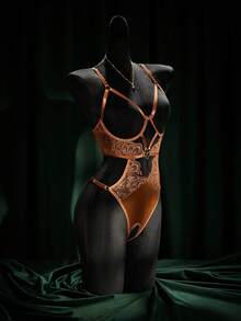 SpicyHot 女士黑色睫毛无缝露背连体衣，可调节肩带，性感开裆内衣 - 咖啡棕 - 查看 3