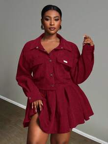 Slaydiva Camisa de manga larga ajustada de unicolor, conjunto de 2 piezas de camisa y falda de pana con bolsillo acanalado de talla grande - Verde - Conjunto de color burdeos para mujer - Rojo - Ver 9