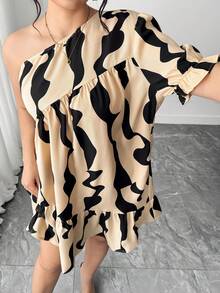 SHEIN Elenzya 大码极简多层娃娃裙，几何印花不对称灯笼袖及膝连衣裙 - 黑色 - 查看 7