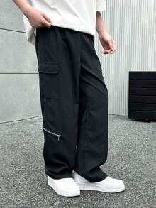 Mirajuku Casual Zipper Decor Cargo Pocket Loose Fit Wide Leg Pants For Teen Boys, Black, High-End Versatile Style, Comfortable & Practical For Autumn, Spring, Summer, Suitable For Daily Wear, Commuting, Outdoor Activities, Sports, School, Streetwear, Parties