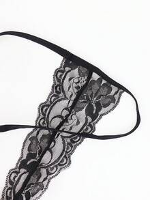 1pc Men's Sexy Lingerie, Black Mesh Hollow-Out Lace Trim Waist Underwear - Black - View 5