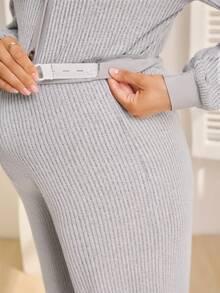 SHEIN 2pcs Maternity Set: Long Sleeve Hooded Cardigan With Front Buttons, Knit Wide Leg Pants - Grey - View 7