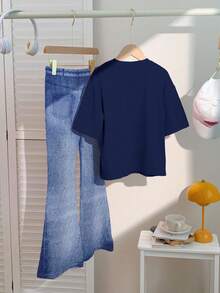 Young Girl Cute Cartoon Blue Rabbit Heart Pattern Short Sleeve T-Shirt&Flare Pants 2Pcs Set,Summer School Back-To-School Kids Graphic Clothes Outfits - Multicolor - View 2