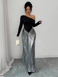 Elenzga Women's Elegant Asymmetrical Neckline Waist Pearl Decor Glossy Fabric Party Long Sleeve A-Line Dress, Autumn/Winter