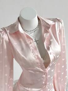 Elamini 女士粉色衬衫，优雅适合秋冬季节，百搭实用，适合日常通勤、休闲场合、情人节穿着，心形提花缎面，泡泡袖 - 粉色 - 查看 8